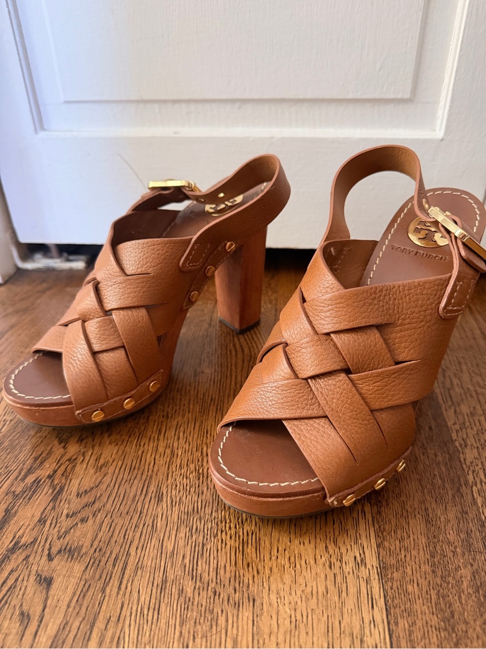 Tory Burch Jodie Brown Leather Woven Platform Heels